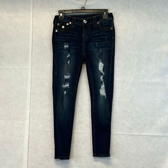 TRUE RELIGION Women’s Jeans Size 27 Blue Halle Mid Rise Capri Distressed Skinny - Picture 2 of 16